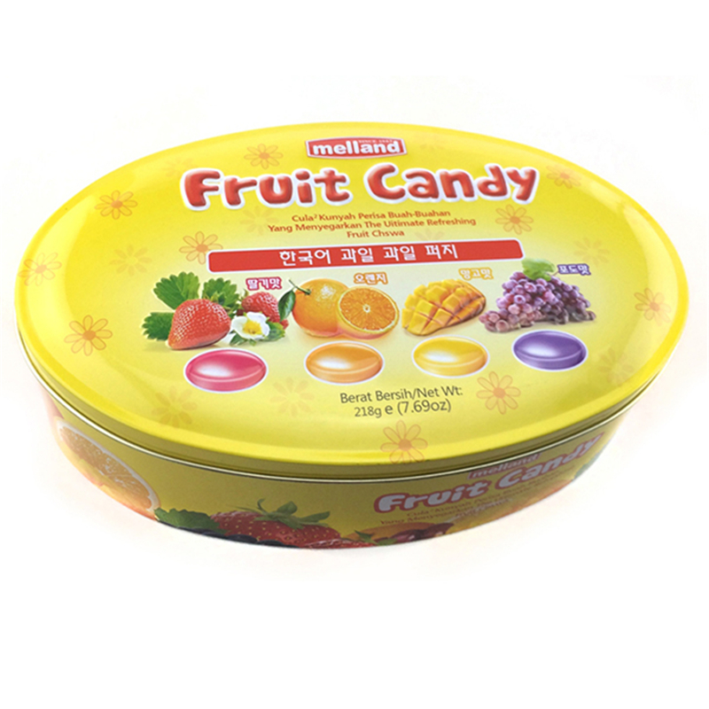 Caja de la lata de dulces de fruta en forma ovalada personalizada con logotipo en relieve