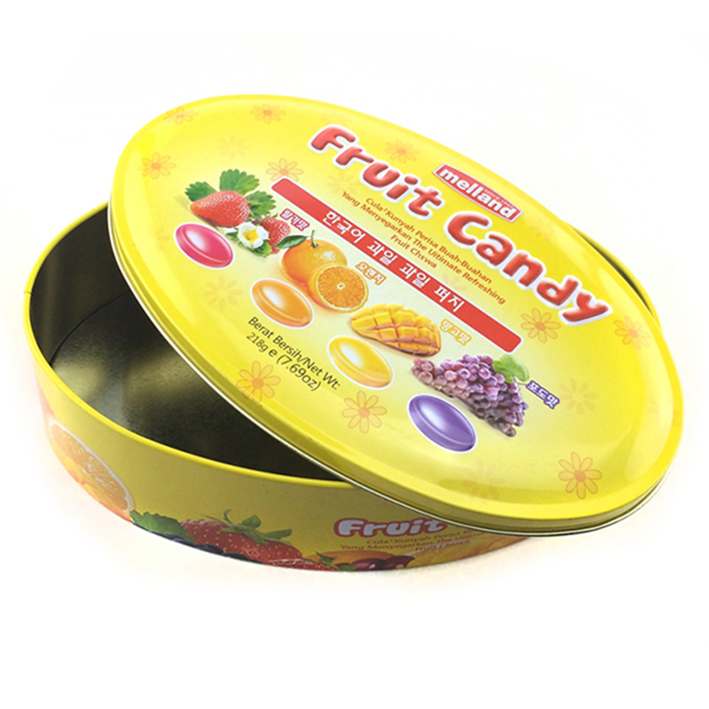 Caja de la lata de dulces de fruta en forma ovalada personalizada con logotipo en relieve