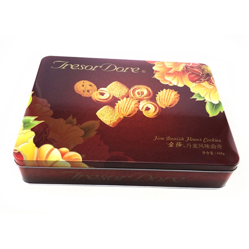 Caja de estaño rectangular impresa a medida para galletas, galletas y dulces