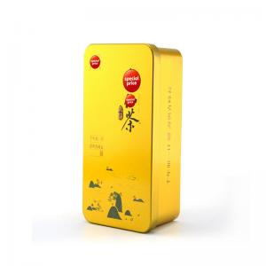 Caja rectangular de lata de té con acabado metálico dorado