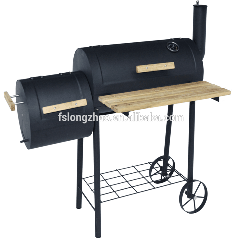 Bbq de dos / doble / doble barril de alta calidad con chimenea y mesa de madera