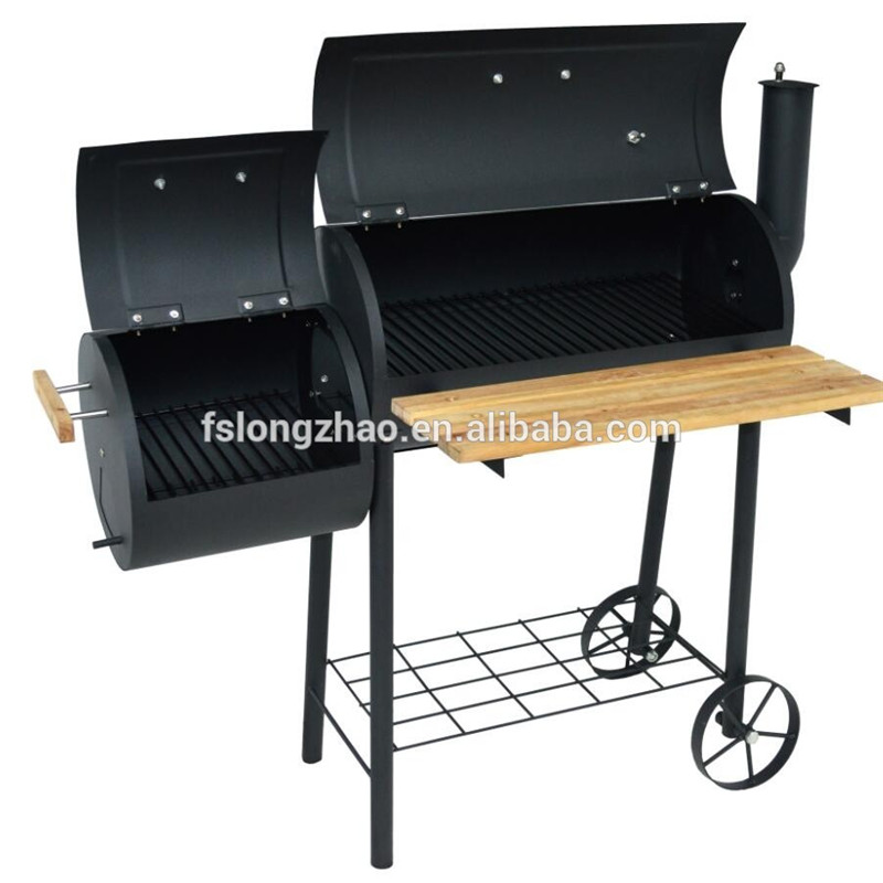 Bbq de dos / doble / doble barril de alta calidad con chimenea y mesa de madera