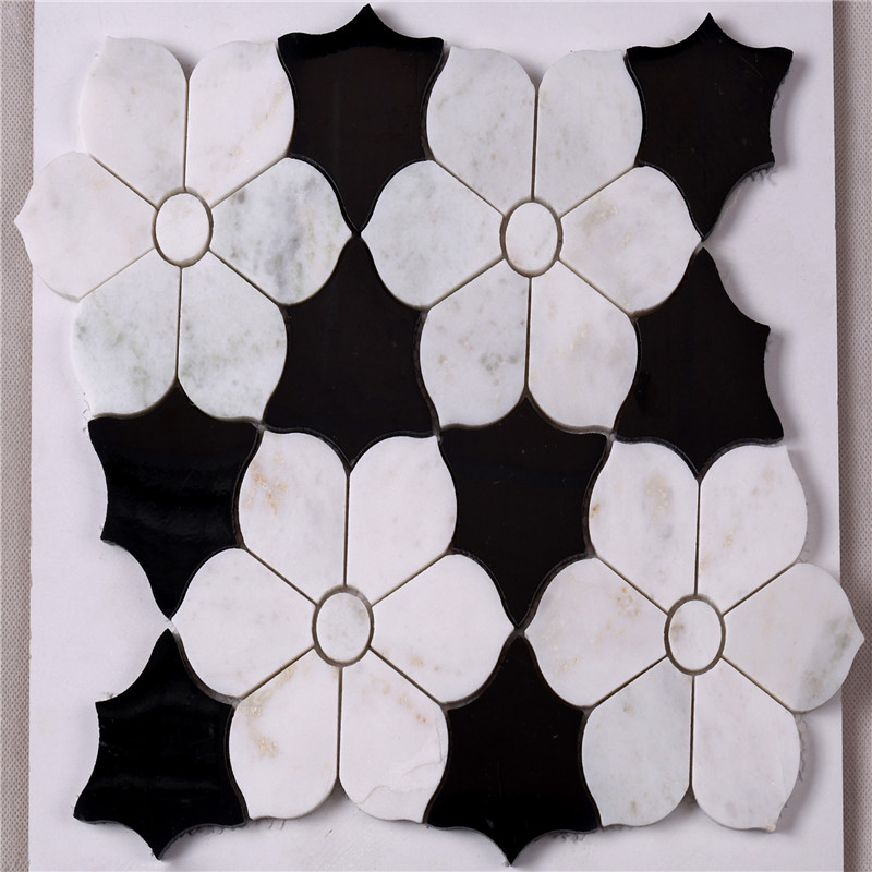 HSC62 Hermoso baño con azulejos en blanco y negro con mosaico de mármol, mosaico de piso y azulejo para pared