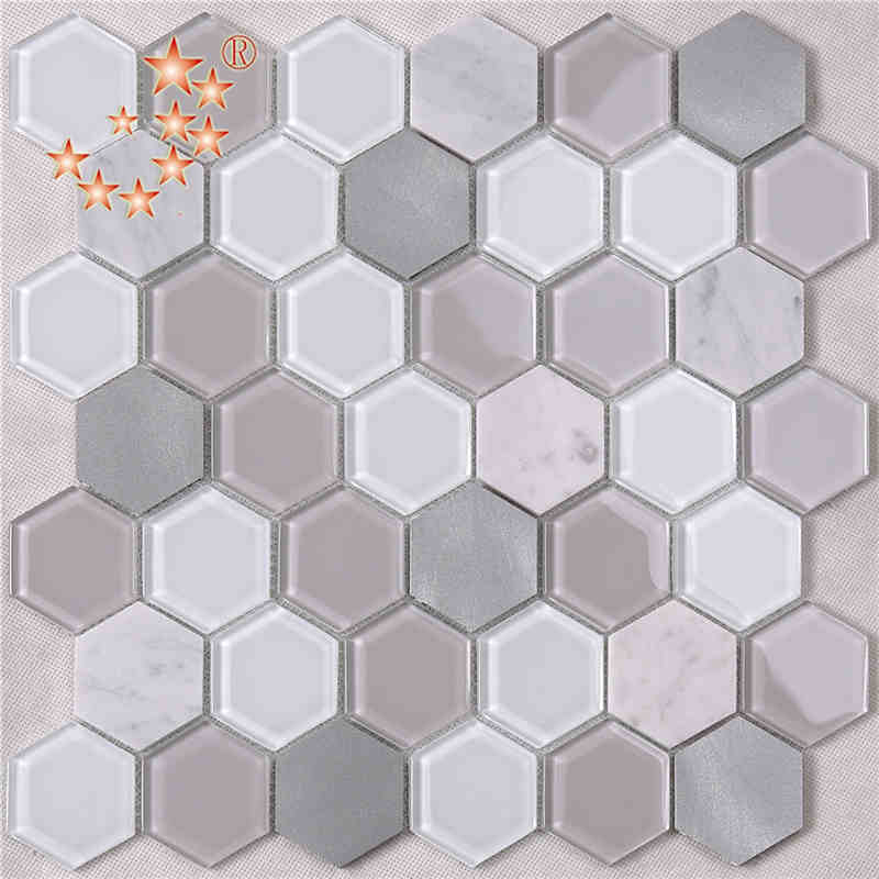 El último diseño de la cocina y el baño Decoración de interiores Waterjet Hexagonal Vidrio de metal Mezclado piso de mármol azulejo mosaico