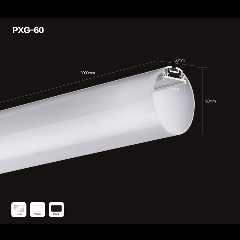 Perfil redondo de aluminio anodizado con luz LED para cinta de luz LED.