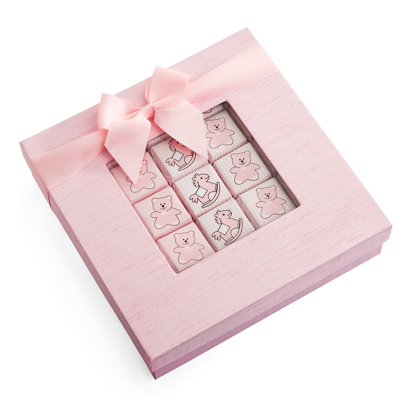 Caja de papel plegable de cartón rígido cinta rosa cuadrado