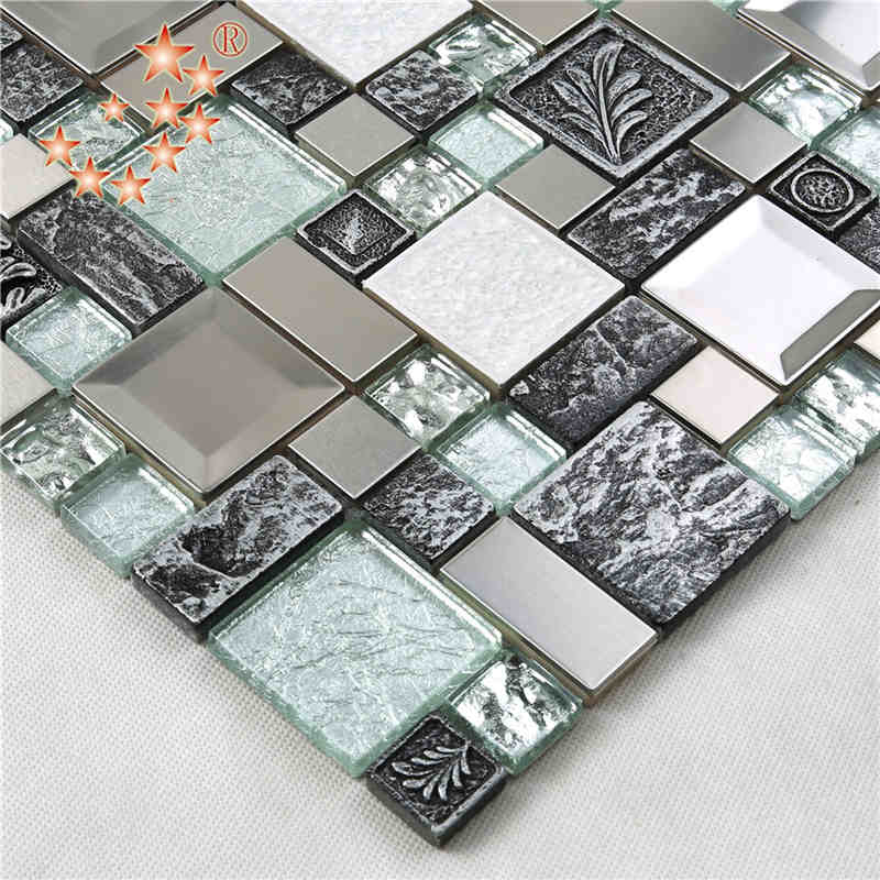 Nuevo producto Foiling Glass Mixed Acero Inoxidable Resina backsplash tiles lowesSculpture Mosaic Backsplash tiles india