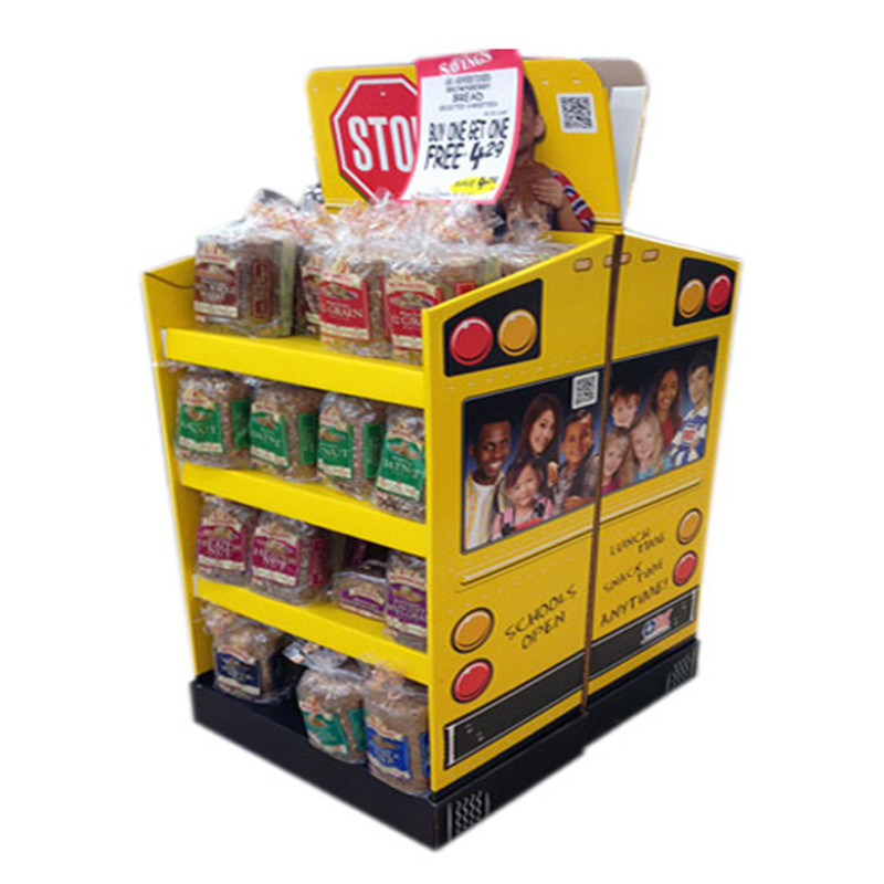 Innovadora pantalla de piso de cartón / estante retroiluminada de 3 niveles, de pie para galletas / galletas / pan / racks de chocolate