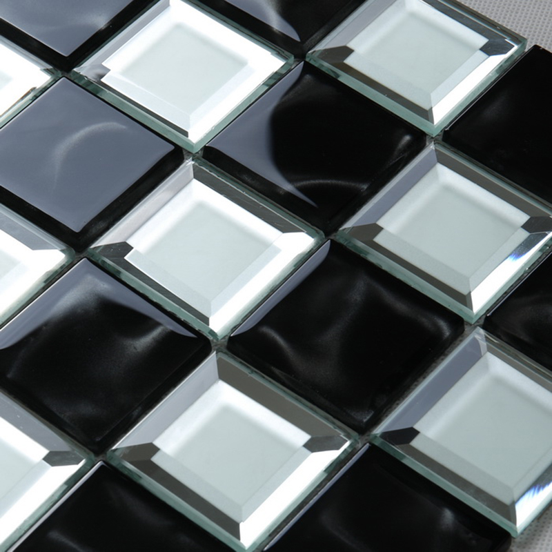 Cocina Baño Blanco y negro Biselado Borde Espejo Vidrio Mosaico Azulejo de la pared Ajedrez