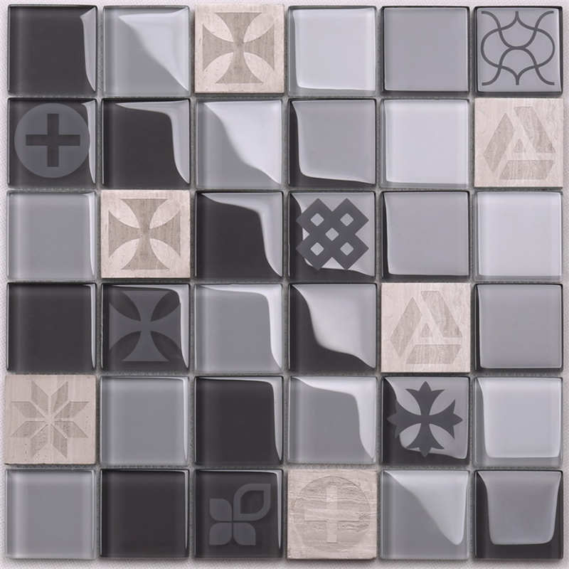 HSP08 Baño Gris Oscuro Sand Blast Acabado Mármol Mosaico de Vidrio Mezclado de Azulejos