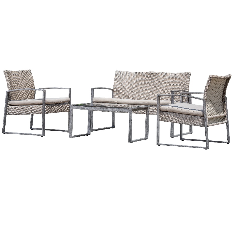 Juego de conversación al aire libre de 4 piezas Patio Jardín Piscina Césped Ratán de mimbre Loveseat Asiento acolchado y mesa de centro de cristal Conjunto de muebles de mesa