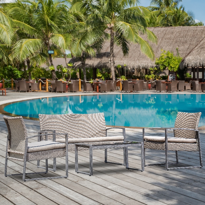 Juego de conversación al aire libre de 4 piezas Patio Jardín Piscina Césped Ratán de mimbre Loveseat Asiento acolchado y mesa de centro de cristal Conjunto de muebles de mesa