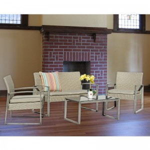 Juego de conversación al aire libre de 4 piezas Patio Jardín Piscina Césped Ratán de mimbre Loveseat Asiento acolchado y mesa de centro de cristal Conjunto de muebles de mesa