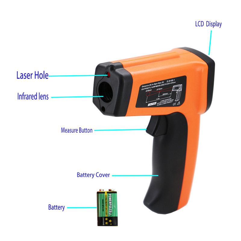 Termómetro infrarrojo de contacto con pistola de temperatura láser Pirómetro -50 ~ 1600 Emisividad ajustable