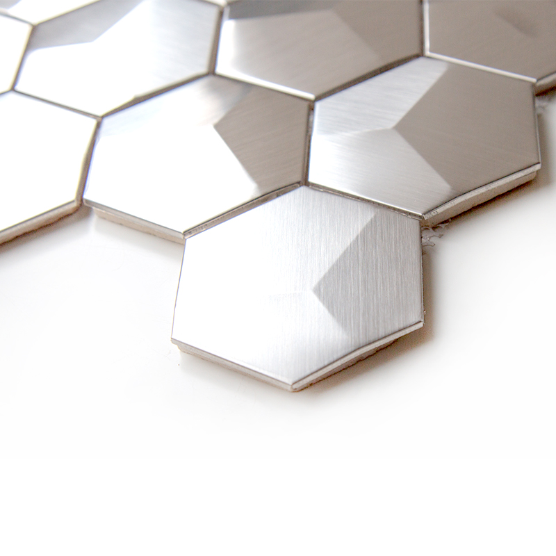 Astillas de acero inoxidable, azulejos hexagonales, mosaicos de metal mate para backsplash de cocina