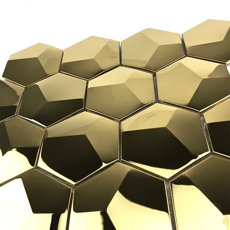 Las tejas de mosaico del oro 3D hexagonal las tejas del espejo del mosaico del metal para el splashback de la cocina / la decoración del cuarto de baño