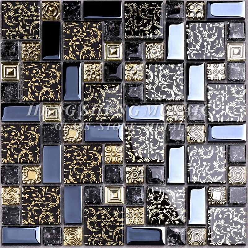 HDT02 Arabesque Nuevo diseño Línea de oro Laminado Arte en vidrio negro Flor Azulejos de mosaicos para cocina Backsplash Wall