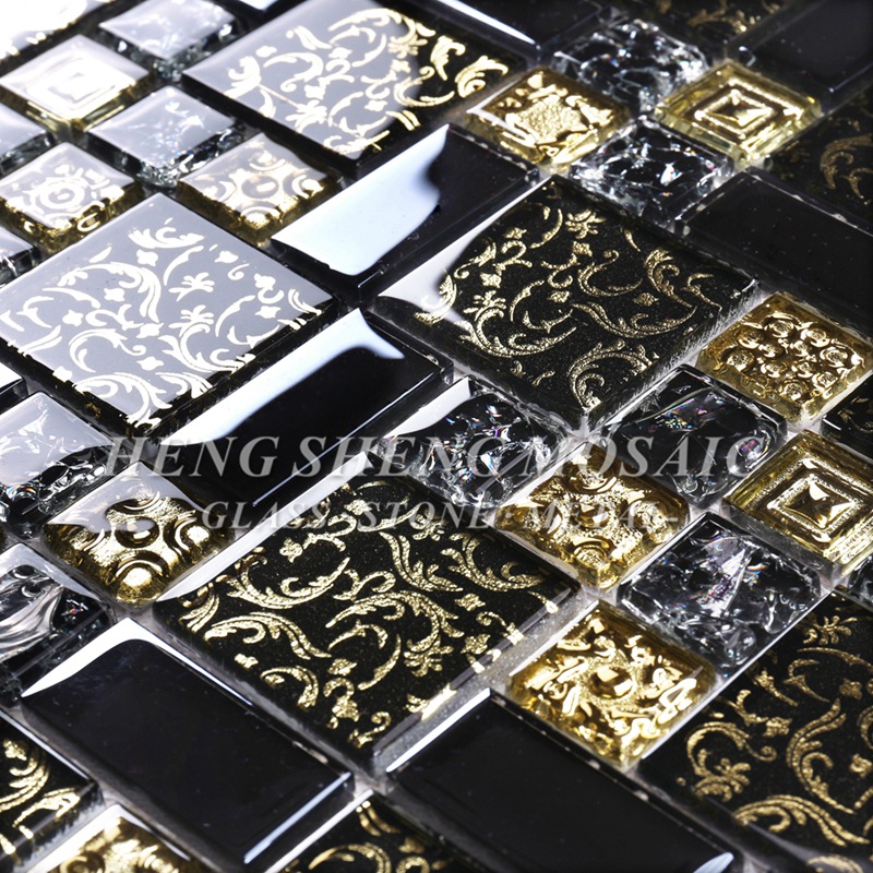 HDT02 Arabesque Nuevo diseño Línea de oro Laminado Arte en vidrio negro Flor Azulejos de mosaicos para cocina Backsplash Wall