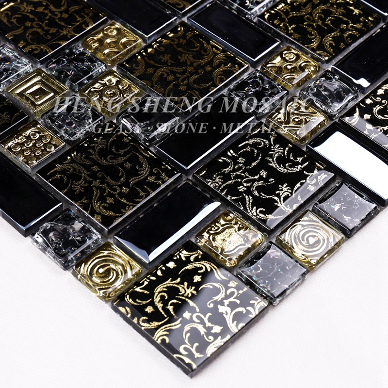 HDT02 Arabesque Nuevo diseño Línea de oro Laminado Arte en vidrio negro Flor Azulejos de mosaicos para cocina Backsplash Wall