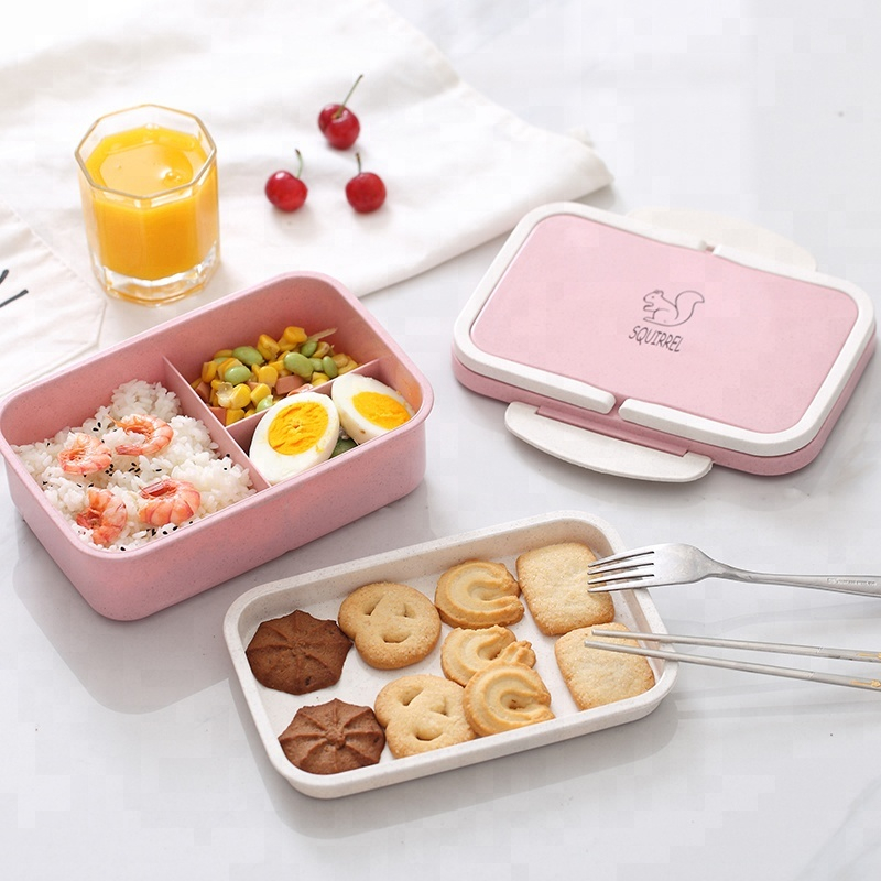 Fiambrera ecológica portátil, libre de BPA, paja de trigo y PP, 3 compartimentos, caja de almuerzo Bento