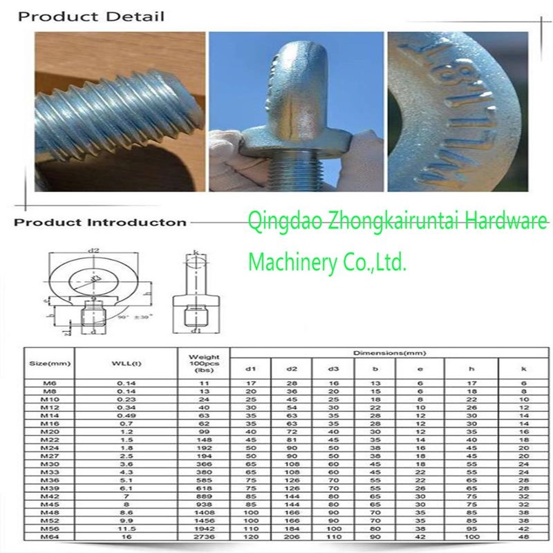 Perno de ojo de elevación del OEM de la fabricación profesional para el hardware marino