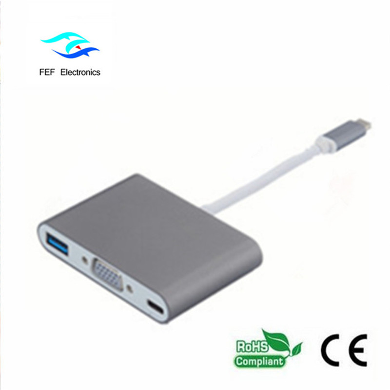 USB TYPE-C a USB3.0 hembra + VGA hembra + PD convertidor tres en uno ABS carcasa Código: FEF - USBIC-007