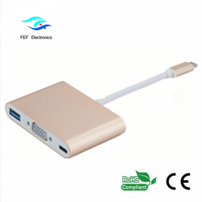 USB TYPE-C a USB3.0 hembra + VGA hembra + PD convertidor tres en uno ABS carcasa Código: FEF - USBIC-007