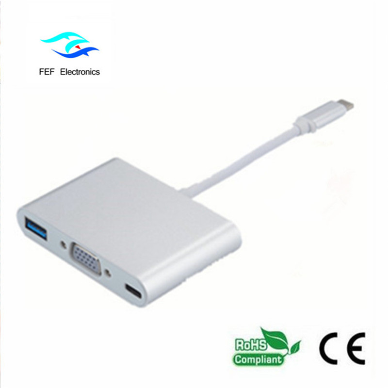 USB TYPE-C a USB3.0 hembra + VGA hembra + PD convertidor tres en uno ABS carcasa Código: FEF - USBIC-007