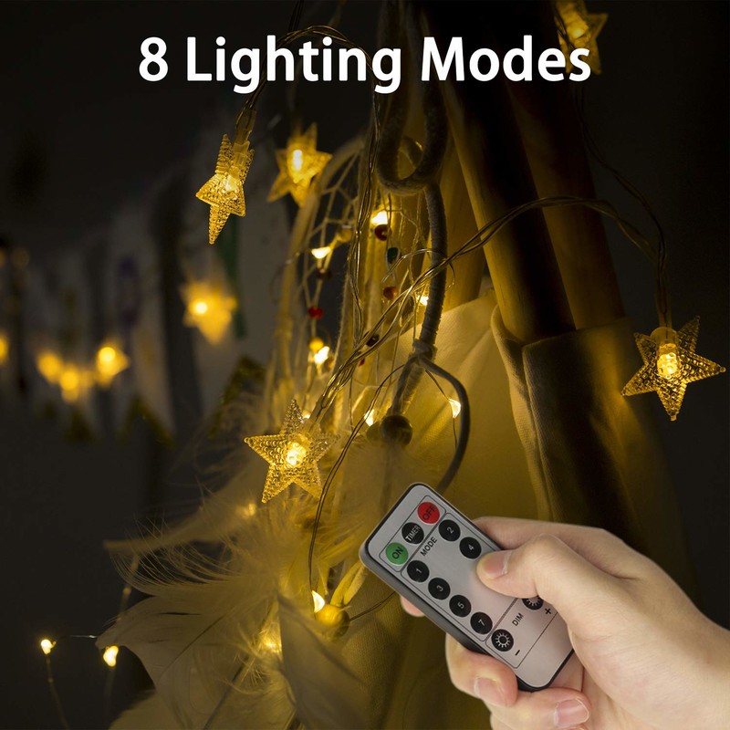 Luces de cuerda, Rymbo 34 pies Luces de forma de estrella para interiores / exteriores Luces LED blancas cálidas centelleantes y cable de cadena transparente y alimentado por USB y adaptador remoto