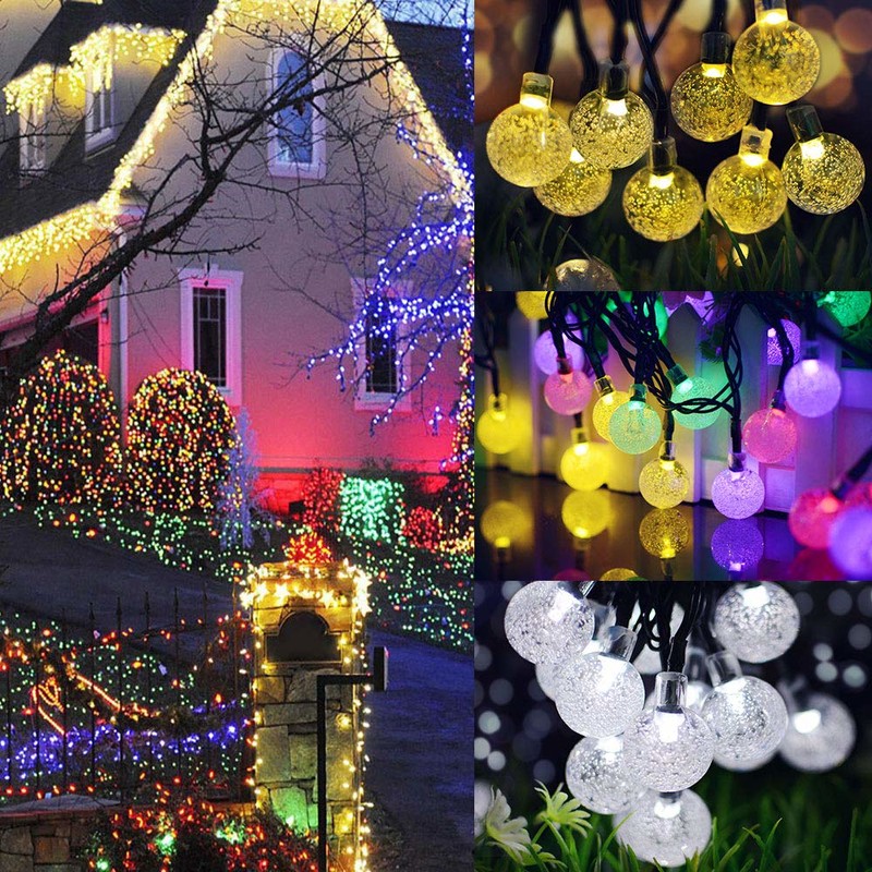 lámpara solar string 50 LED burbuja esfera de cristal 7 m / 23 ft 8 modo Luces navideñas adecuadas para exteriores Paisaje de navidad jardín patio familia vacaciones camino césped fiesta decorado luces blancas