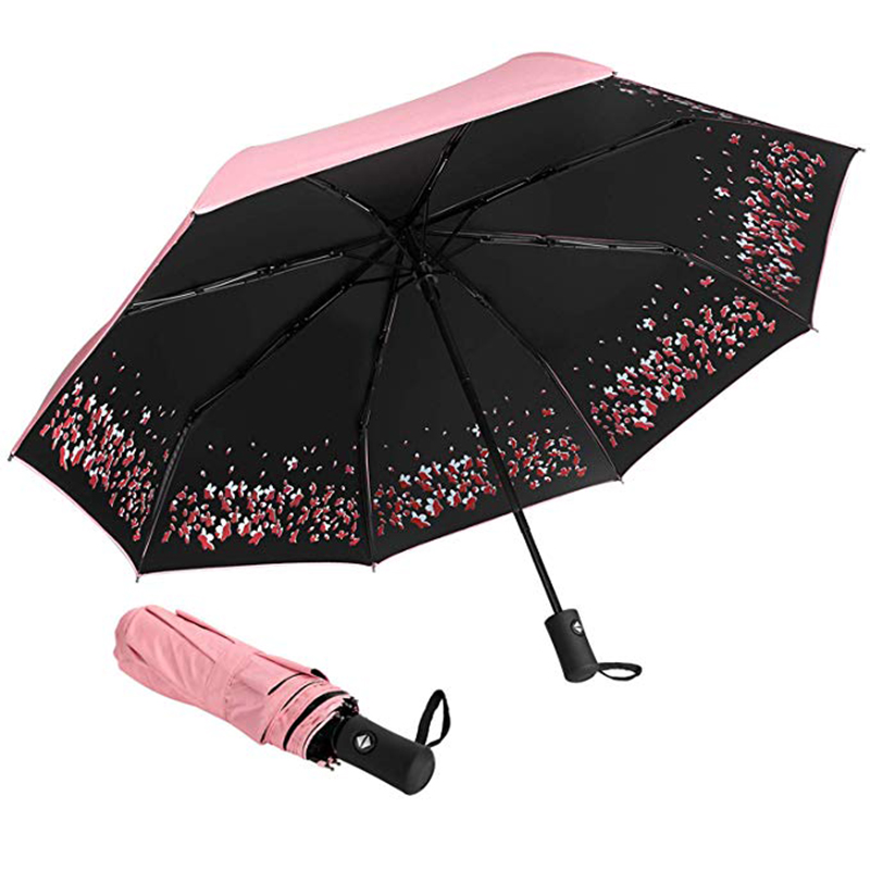 Paraguas de impresión personalizada con diseño de flores con recubrimiento negro Protección UV Paraguas de 3 pliegues