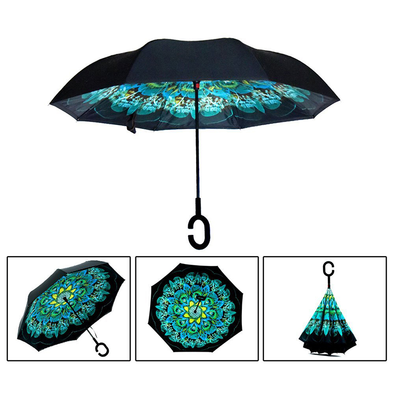 2019 nuevo diseño de doble capa dentro del estampado de flores invertido invertido paraguas recto