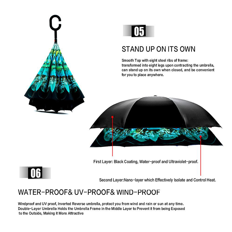 2019 nuevo diseño de doble capa dentro del estampado de flores invertido invertido paraguas recto
