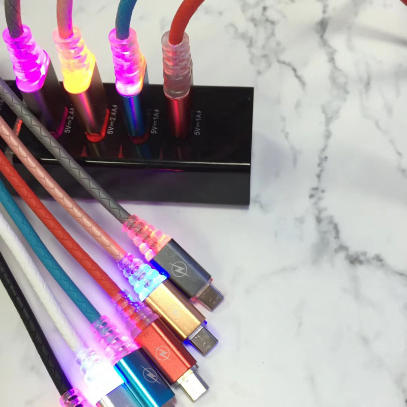 con LED de carga rápida Cable USB redondo para micro USB, tipo C, carga y sincronización de rayos de iPhone