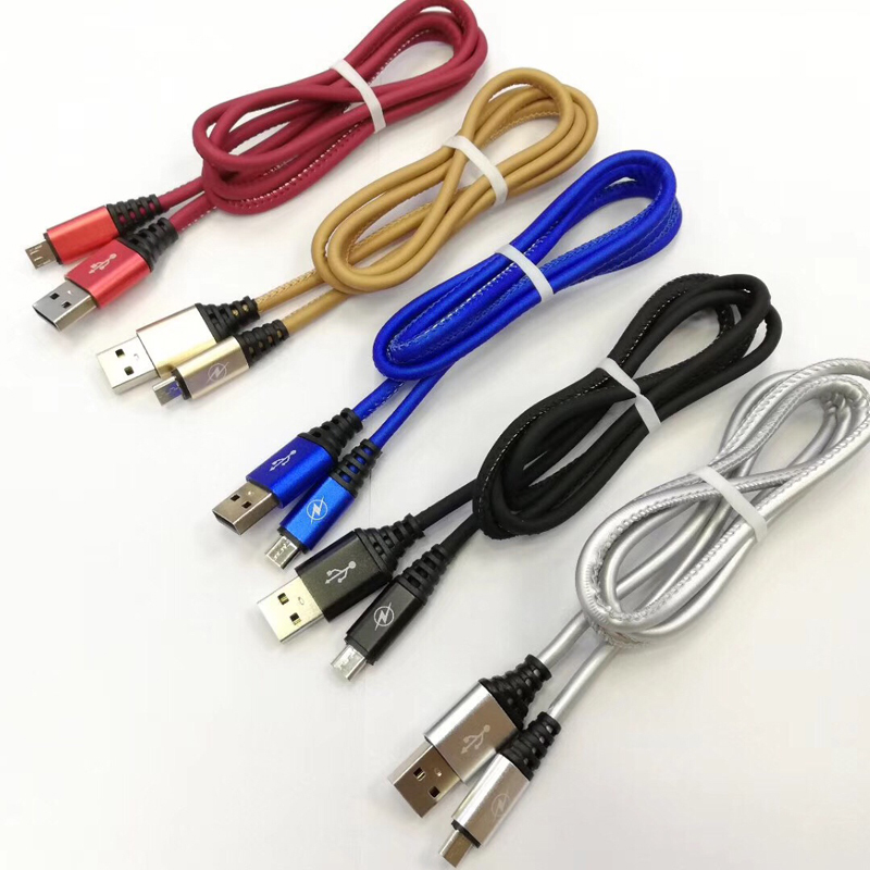 Cable USB redondo de carga rápida de cuero de PU para micro USB, tipo C, carga y sincronización de rayos de iPhone