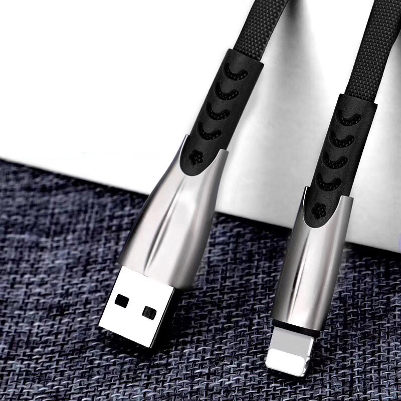 3.8A Carcasa de aleación de zinc plana trenzada de carga rápida Cable de datos USB de flexión flexible sin enredos para micro USB, tipo C, carga y sincronización de rayos de iPhone