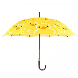 Paraguas recto patrón de dibujos animados de pato amarillo abierto de tela de pongee de 23 pulgadas