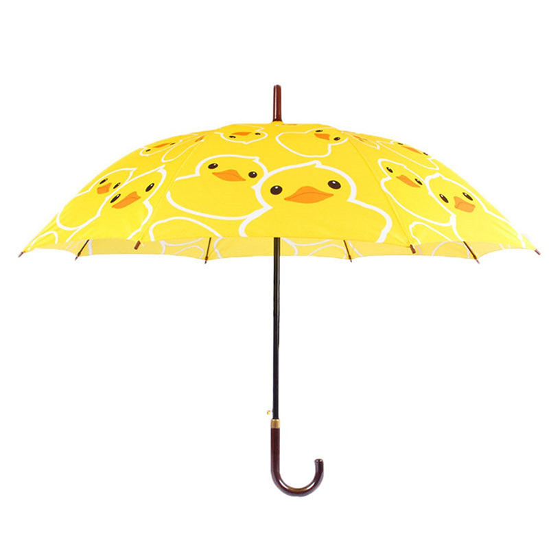 Paraguas recto patrón de dibujos animados de pato amarillo abierto de tela de pongee de 23 pulgadas
