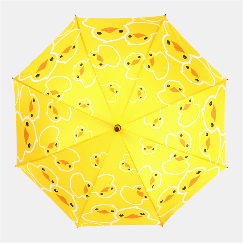 Paraguas recto patrón de dibujos animados de pato amarillo abierto de tela de pongee de 23 pulgadas