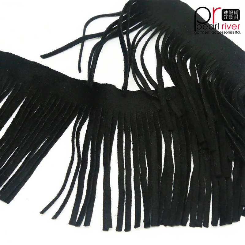 Venta caliente 20cm color negro Barato largo cuero artificial gamuza Fringe trim