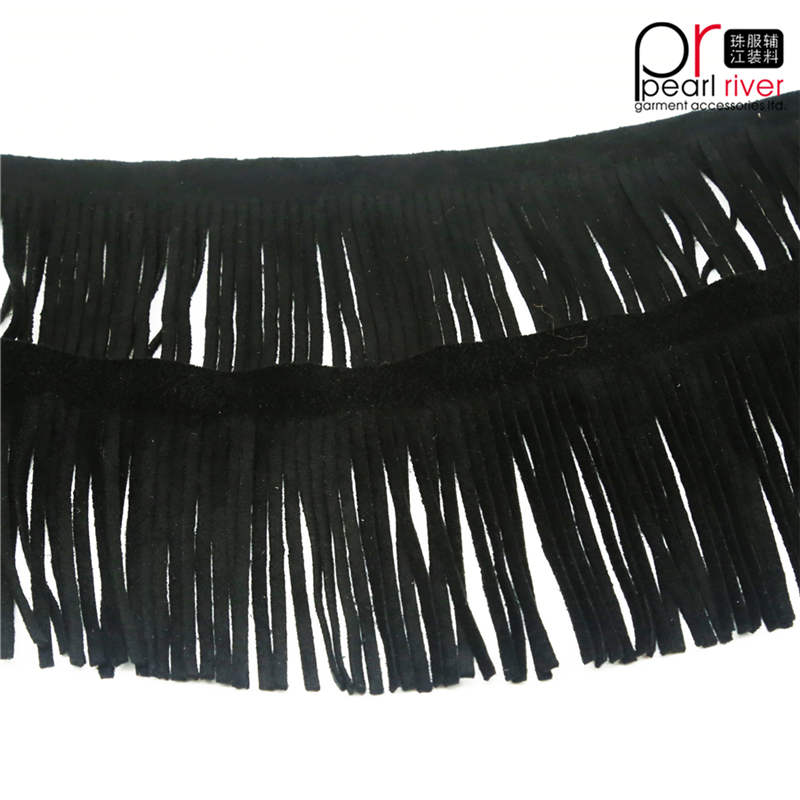 Venta caliente 20cm color negro Barato largo cuero artificial gamuza Fringe trim