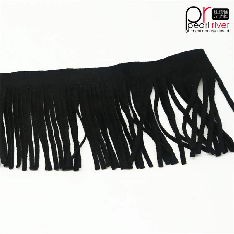 Venta caliente 20cm color negro Barato largo cuero artificial gamuza Fringe trim