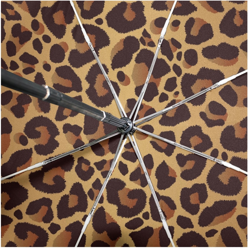 Estampado de leopardo 2 secciones de costillas de fibra de vidrio a prueba de viento auto abrir y cerrar 3 paraguas plegable