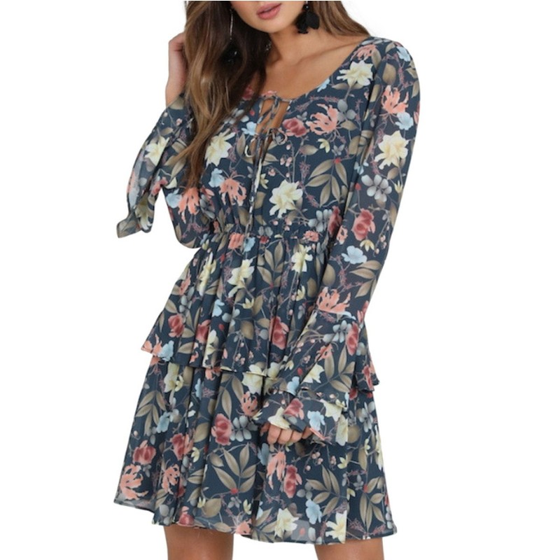 Mini vestido de manga campana para mujer con estampado de moda