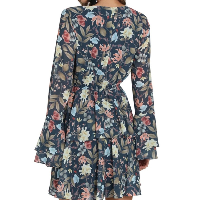 Mini vestido de manga campana para mujer con estampado de moda