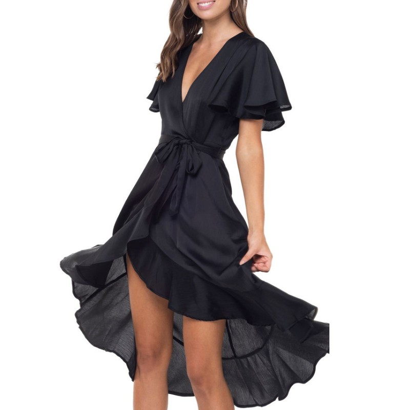 Vestido largo negro con volantes dobles para mujer