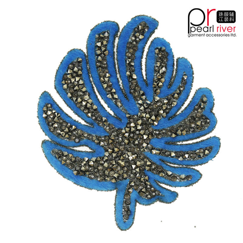 Parche de diamantes de imitación de hoja azul con pegamento de transferencia de calor personalizado