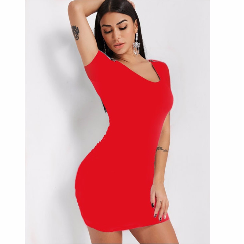 Vestido de tubo de cremallera de manga corta sexy de corte bajo Clubwear Mini vestido ajustado N19007