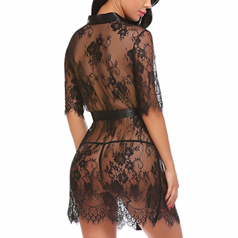 Encantadora albornoz transparente de encaje floral transparente con camisón y faja N18926