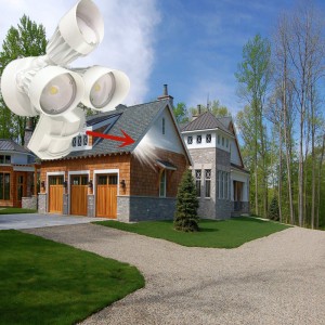 Luz de seguridad LED de inundación para exteriores con sensor de movimiento, 30W, 3 cabezales, blanco, luz de movimiento